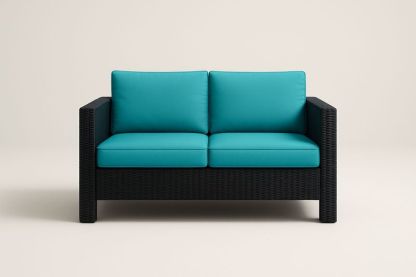 Canapé 2 places en résine tressée avec coussins turquoise