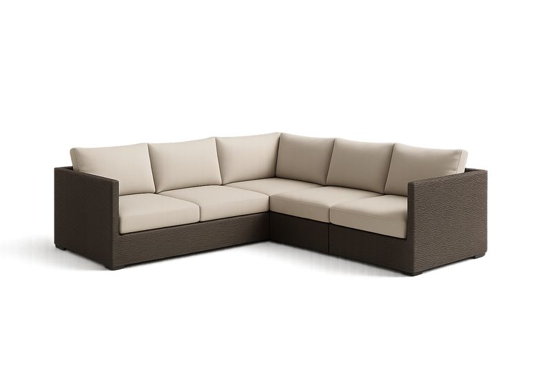 Canapé d’angle de jardin 2,1x2,1 m en résine tressée brun/beige avec coussins polyester amovibles