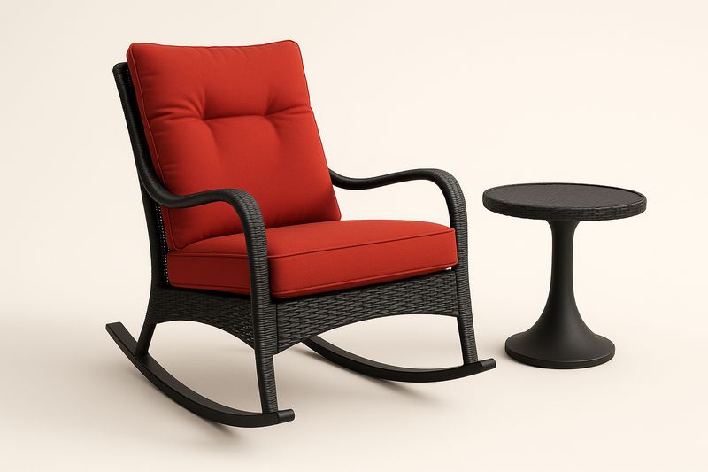 Fauteuil à bascule en métal avec revêtement en résine PE et coussins polyester rouges, avec table noire