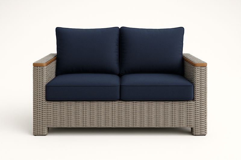 Canapé Deux Places en Rotin avec Coussins Bleu Marine