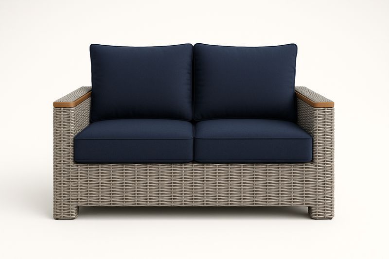 Canapé Deux Places en Rotin avec Coussins Bleu Marine