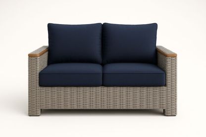 Canapé Deux Places en Rotin avec Coussins Bleu Marine
