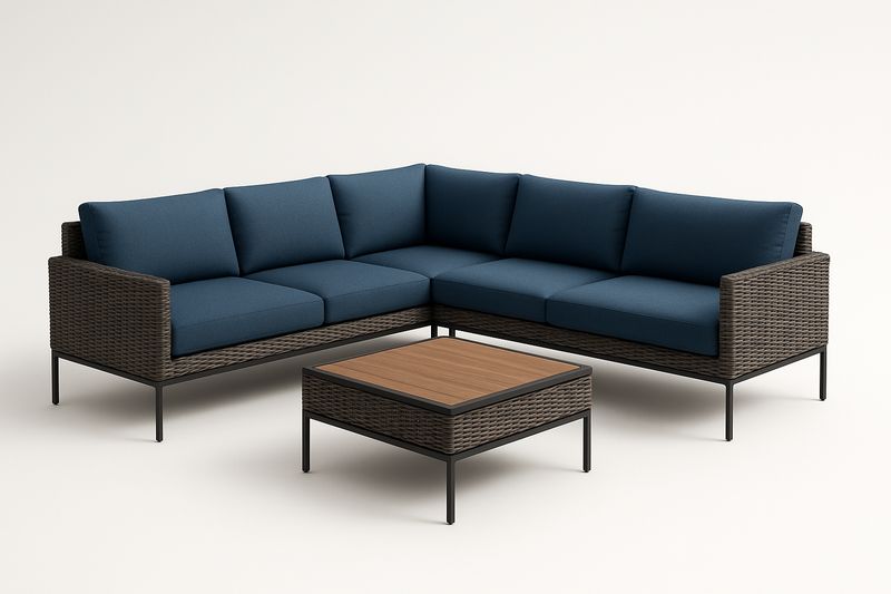 Salon de jardin en rotin synthétique bleu et marron avec canapés et table basse