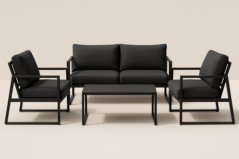 Salon de jardin aluminium noir avec coussins polyester, canapé 3 places, 2 fauteuils et table basse