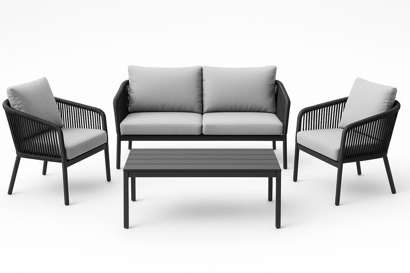 Salon de jardin aluminium noir avec cordage PE et coussins gris, canapé 2 places, 2 fauteuils et table basse