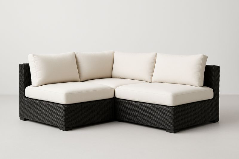 Canapé d’angle de jardin PE tressé noir avec coussins polyester blancs, 200×200×75 cm