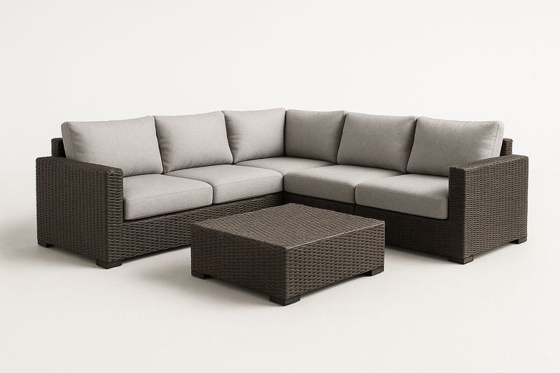 Canapé d’angle de jardin aluminium PE tressé marron avec coussins gris et table basse 70×70 cm