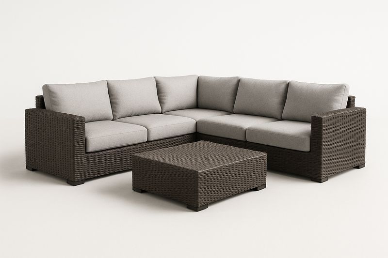 Canapé d’angle de jardin aluminium PE tressé marron avec coussins gris et table basse 70×70 cm