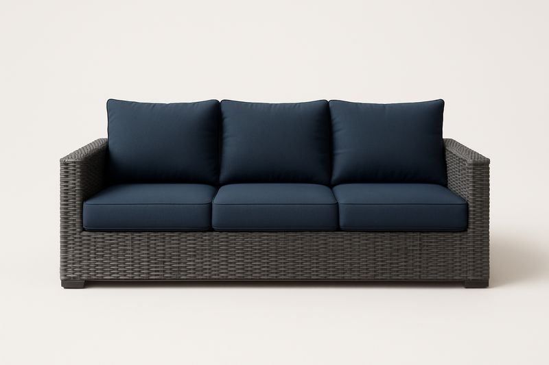 Canapé en Résine Tressée Gris avec Coussins Bleu Foncé 220x90x85 cm