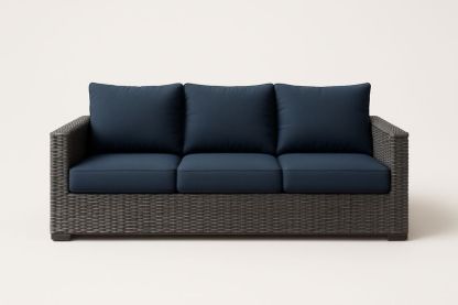 Canapé en Résine Tressée Gris avec Coussins Bleu Foncé 220x90x85 cm