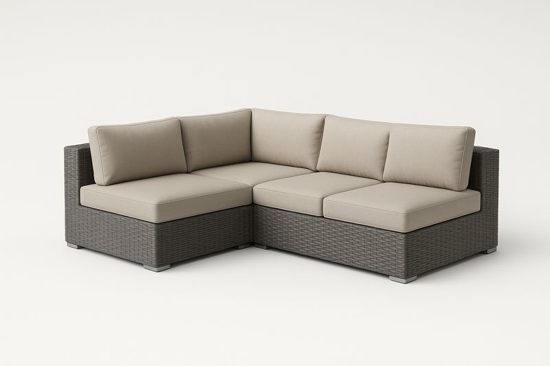 Canapé de jardin en PE tressé gris avec coussins polyester beige, 210×140×68 cm