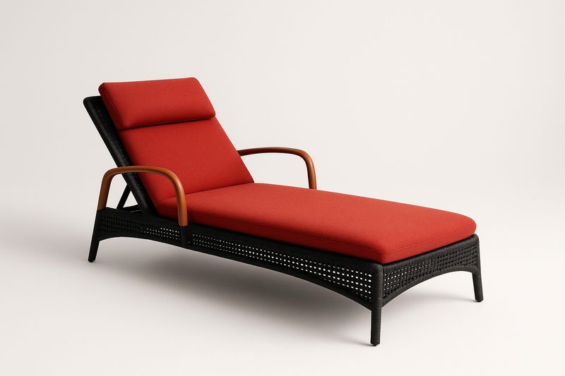 Chaise longue en aluminium avec tressage PE et coussin polyester, dossier réglable, accoudoirs effet bois, 200×70×85 cm