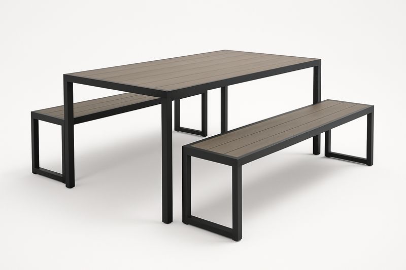 Ensemble repas extérieur 3 pièces : table 180×90×75 cm + 2 bancs 160×35×45 cm – Aluminium et composite bois-plastique, Gris/Noir