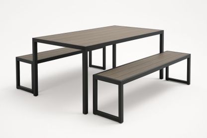 Ensemble repas extérieur 3 pièces : table 180×90×75 cm + 2 bancs 160×35×45 cm – Aluminium et composite bois-plastique, Gris/Noir