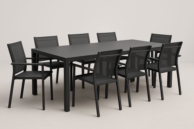 Ensemble de jardin 9 pièces Noir - Table aluminium 220x100 cm + 8 Chaises textilène