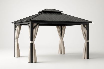 Tonnelle en Aluminium avec Toit Rigide Noir et Rideaux Beiges 3x3x2.7m