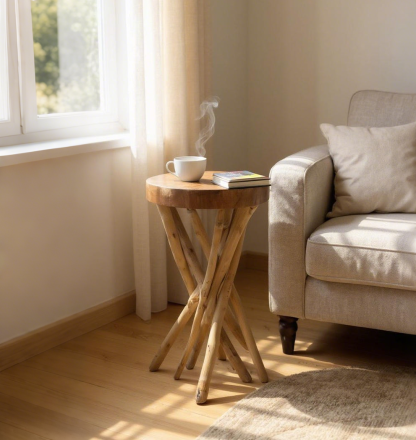 Table d'appoint ronde en bois – table basse tabouret en bois – faite à la main – en bois de suar et de teck – 50x28x28 cm