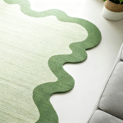Tapis moderne en laine touffeté main à bordure ondulée verte pour chambre à coucher, tapis de salon touffeté unique 5 x 8 6 x 9, tapis personnalisé pour chambre d'enfant