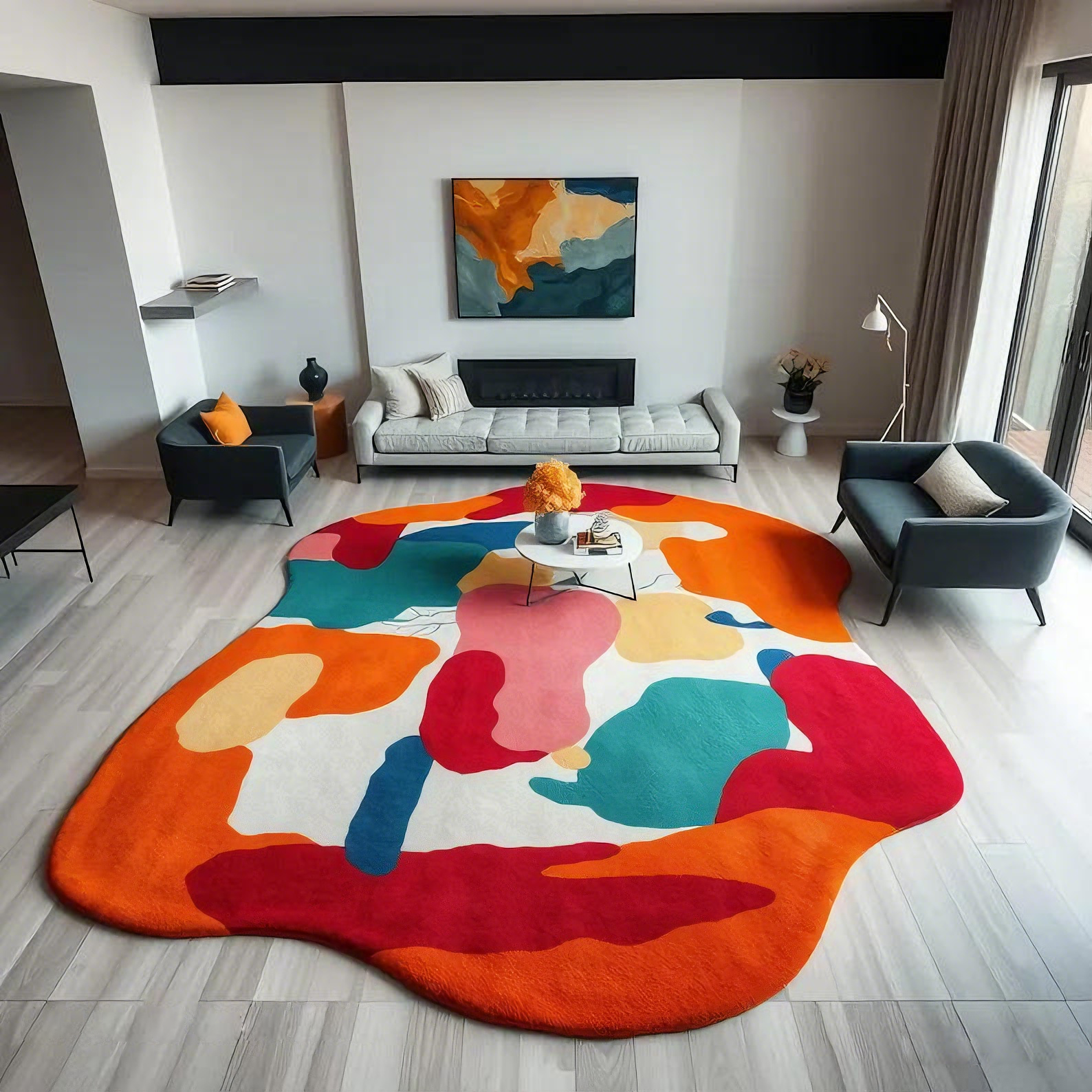 Tapis en laine tufté à la main : forme irrégulière abstraite orange, tapis moderne