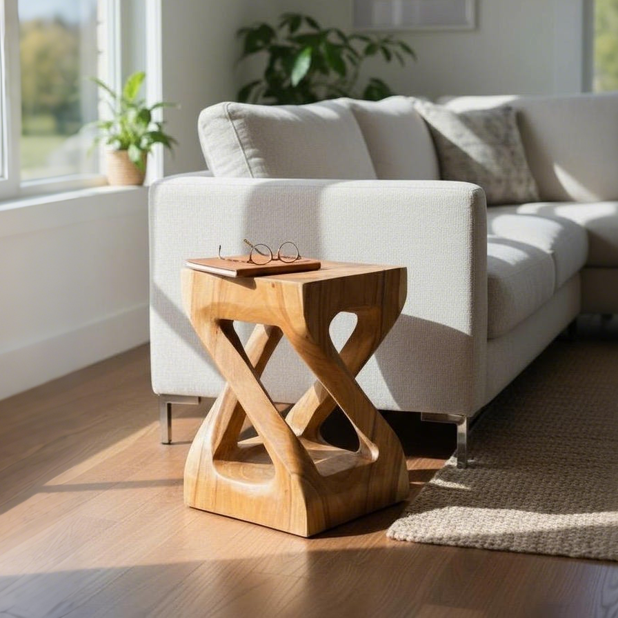 Table d'appoint en bois - table basse tabouret en bois - fait main - tourné angulairement en bois de suar massif - 50x28x28 cm