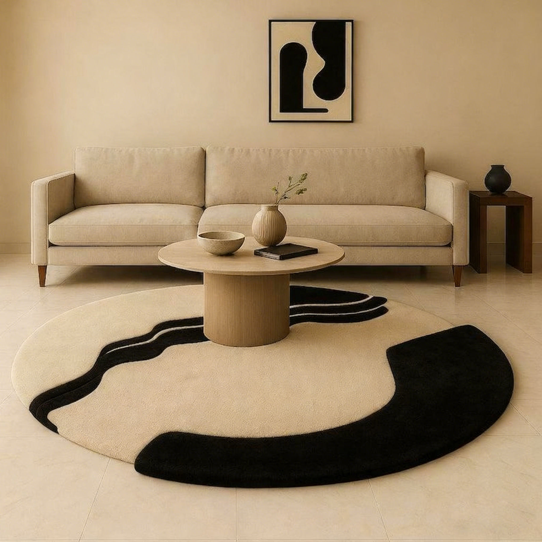 Ocean Curve – Tapis rond moderne en laine | Tapis abstrait beige et bleu foncé | Carpette tuftée à la main pour le salon