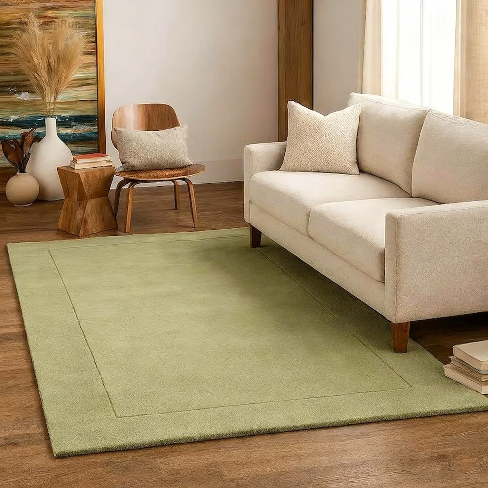 Tapis rectangulaire moderne vert sauge avec bordure minimaliste - Décoration douce, élégante et polyvalente pour le salon et la chambre à coucher