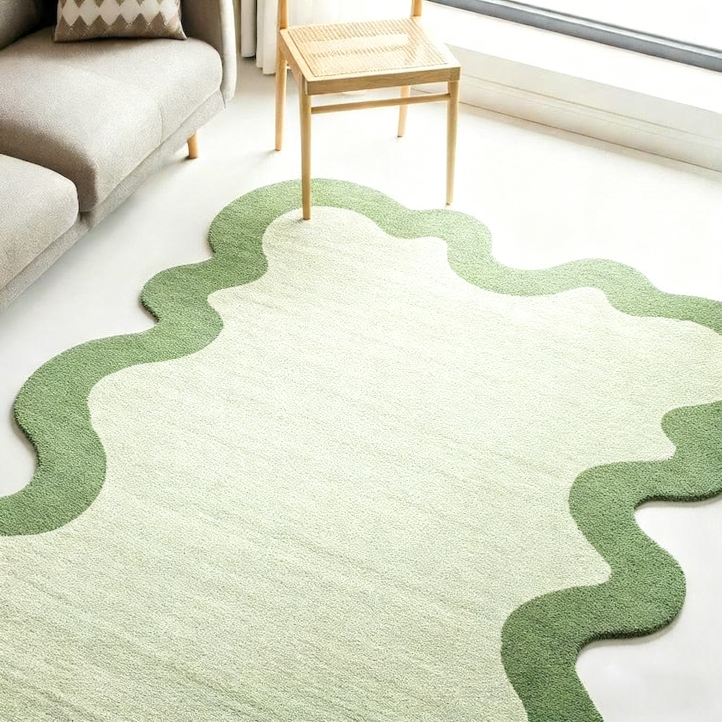 Tapis moderne en laine touffeté main à bordure ondulée verte pour chambre à coucher, tapis de salon touffeté unique 5 x 8 6 x 9, tapis personnalisé pour chambre d'enfant