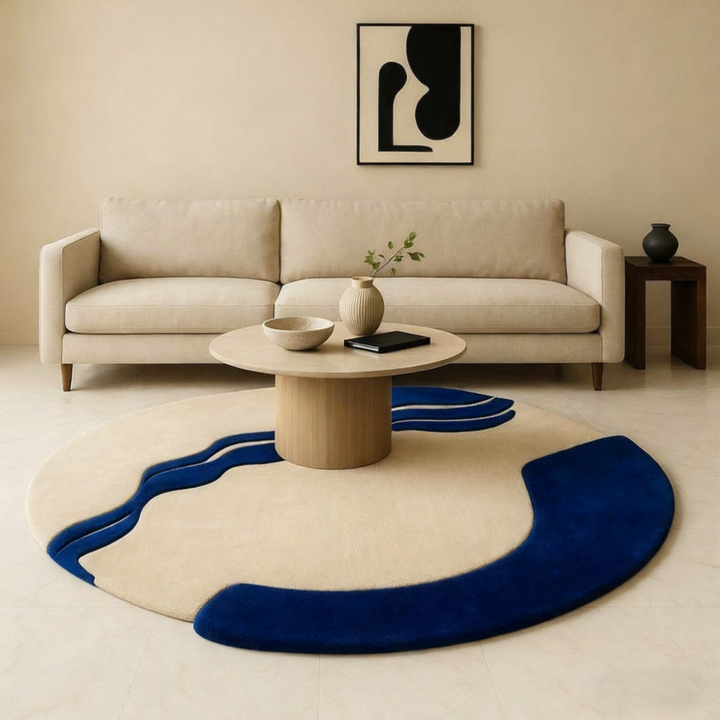 Ocean Curve – Tapis rond moderne en laine | Tapis abstrait beige et bleu foncé | Carpette tuftée à la main pour le salon