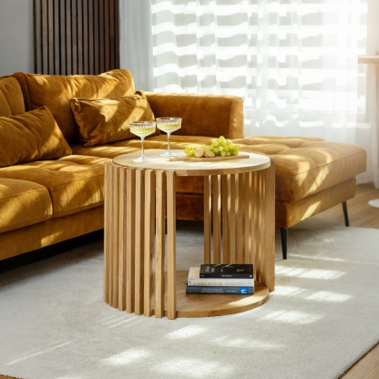 Table basse ronde en bois, Table basse cannelée, Table basse en chêne massif, Table basse en bois de chêne massif, Table basse ronde, Holztisch