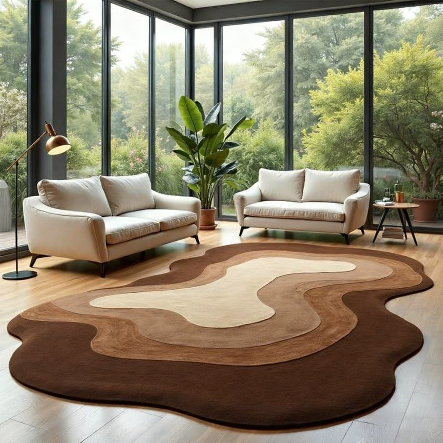 Tapis fait main abstrait irrégulier en laine ondulée : tapis fait main marron beige pour salon.