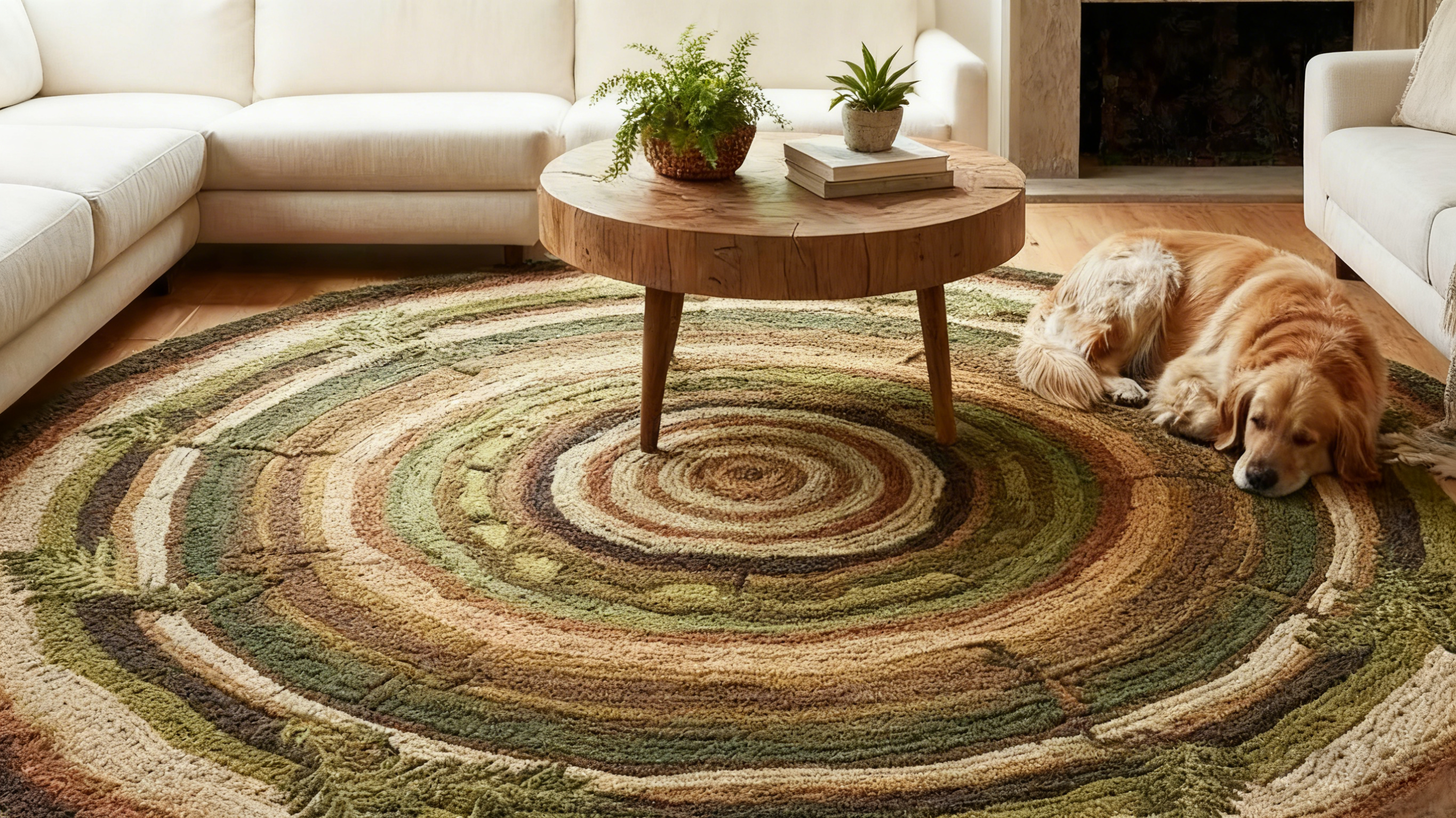 Tapis rond en laine à motifs d'anneaux de la nature – Tons verts et bruns naturels | Tapis rond en laine inspiré des anneaux d'arbres | Tapis forêt à motifs d'anneaux d'arbres pour salon ou chambre