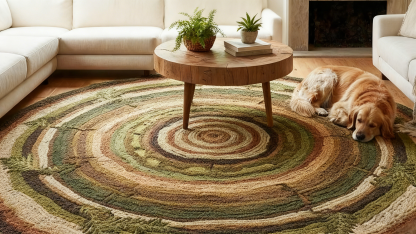 Tapis rond en laine à motifs d'anneaux de la nature – Tons verts et bruns naturels | Tapis rond en laine inspiré des anneaux d'arbres | Tapis forêt à motifs d'anneaux d'arbres pour salon ou chambre