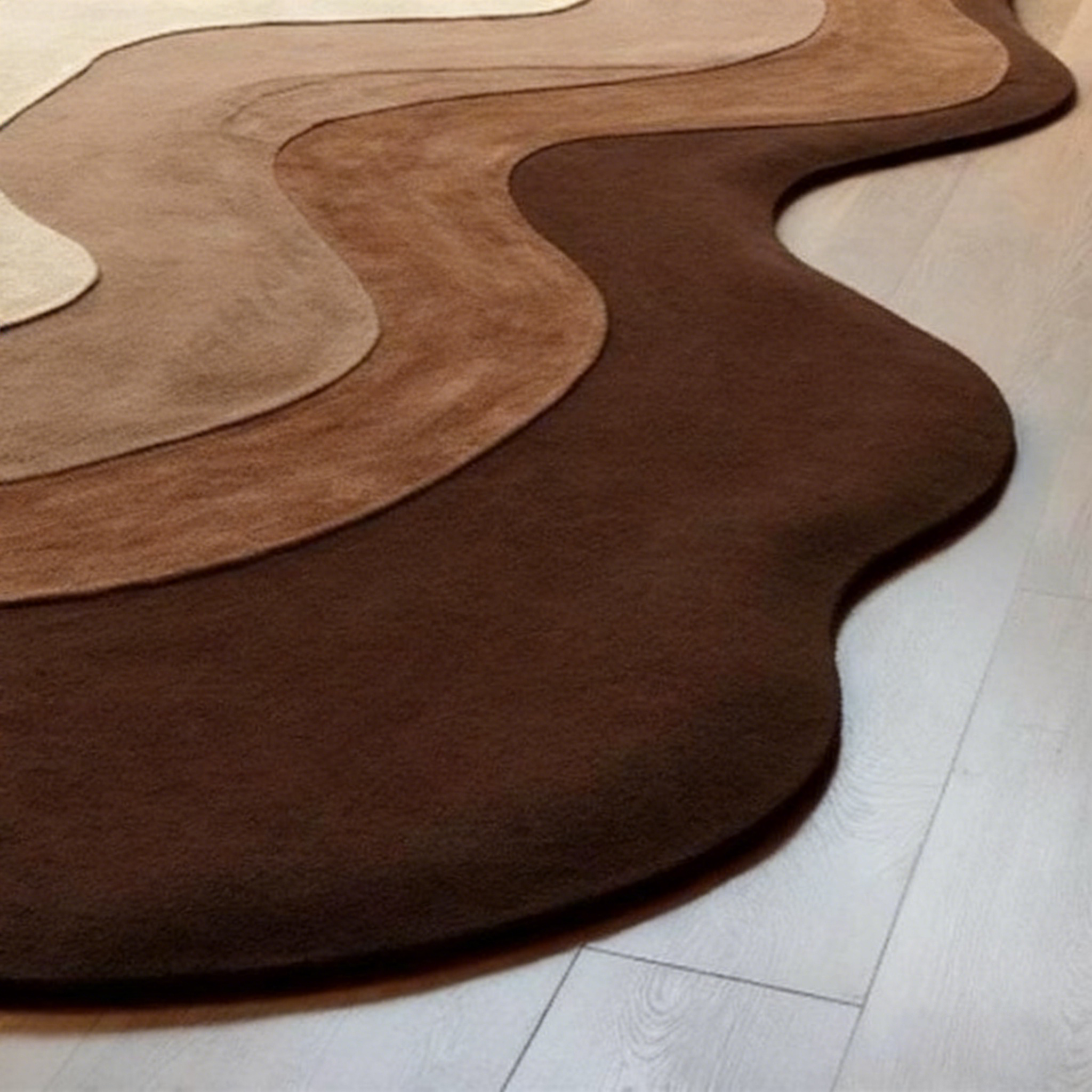 Tapis fait main abstrait irrégulier en laine ondulée : tapis fait main marron beige pour salon.