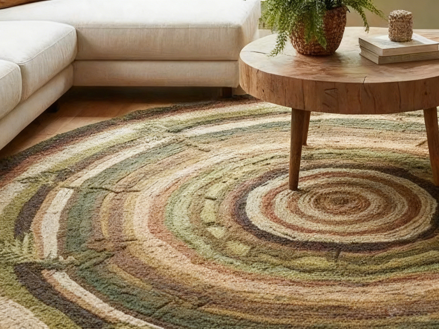 Tapis rond en laine à motifs d'anneaux de la nature – Tons verts et bruns naturels | Tapis rond en laine inspiré des anneaux d'arbres | Tapis forêt à motifs d'anneaux d'arbres pour salon ou chambre