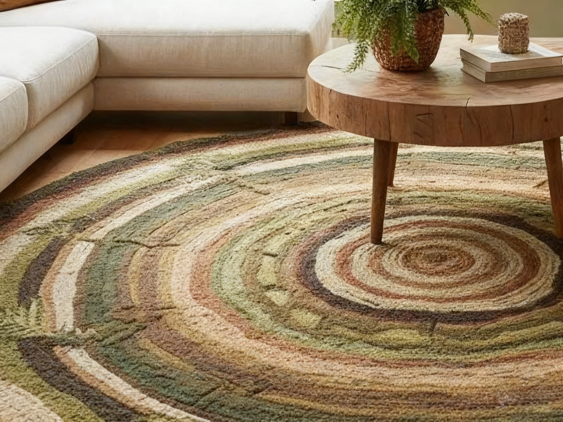 Tapis rond en laine à motifs d'anneaux de la nature – Tons verts et bruns naturels | Tapis rond en laine inspiré des anneaux d'arbres | Tapis forêt à motifs d'anneaux d'arbres pour salon ou chambre