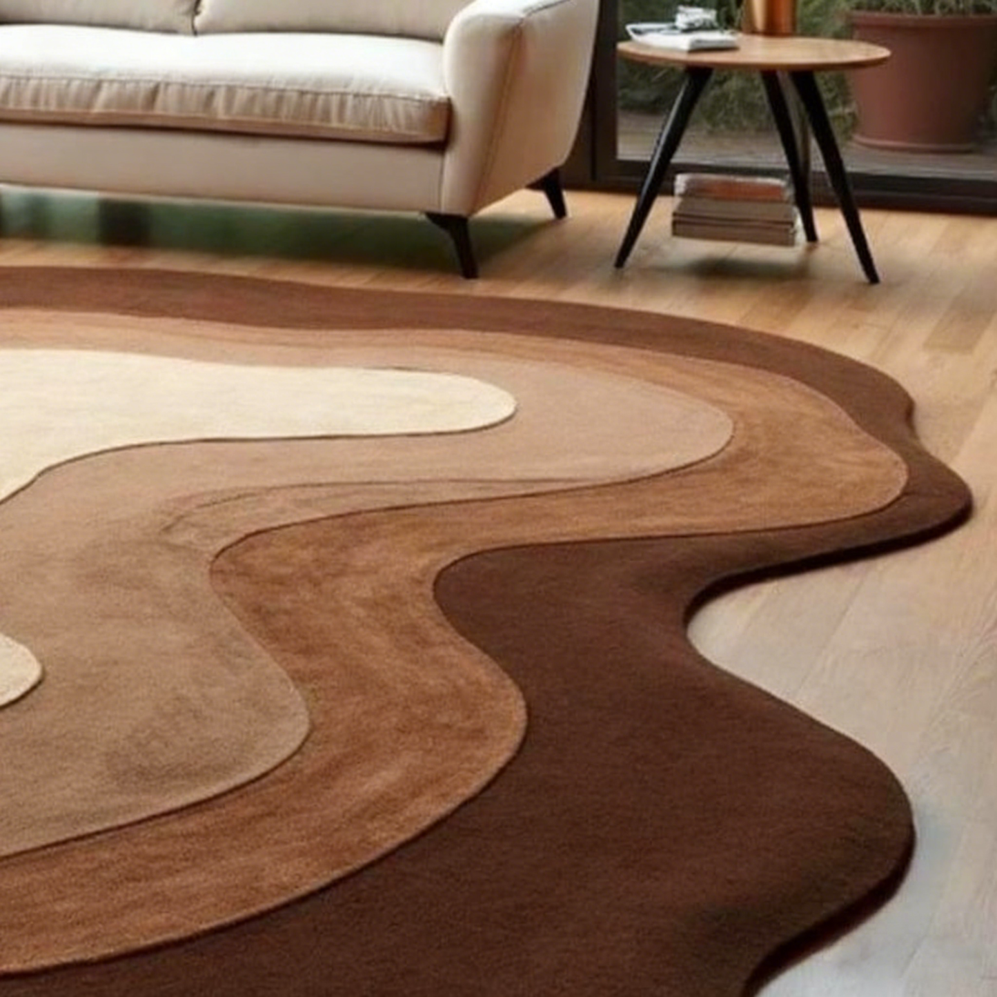 Tapis fait main abstrait irrégulier en laine ondulée : tapis fait main marron beige pour salon.