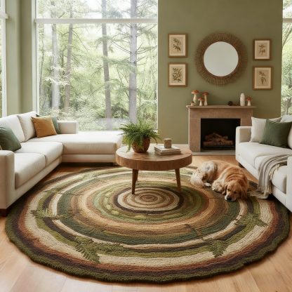 Tapis rond en laine à motifs d'anneaux de la nature – Tons verts et bruns naturels | Tapis rond en laine inspiré des anneaux d'arbres | Tapis forêt à motifs d'anneaux d'arbres pour salon ou chambre