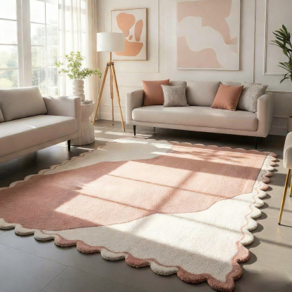 Tapis en laine tufté main : bords ondulés festonnés roses
