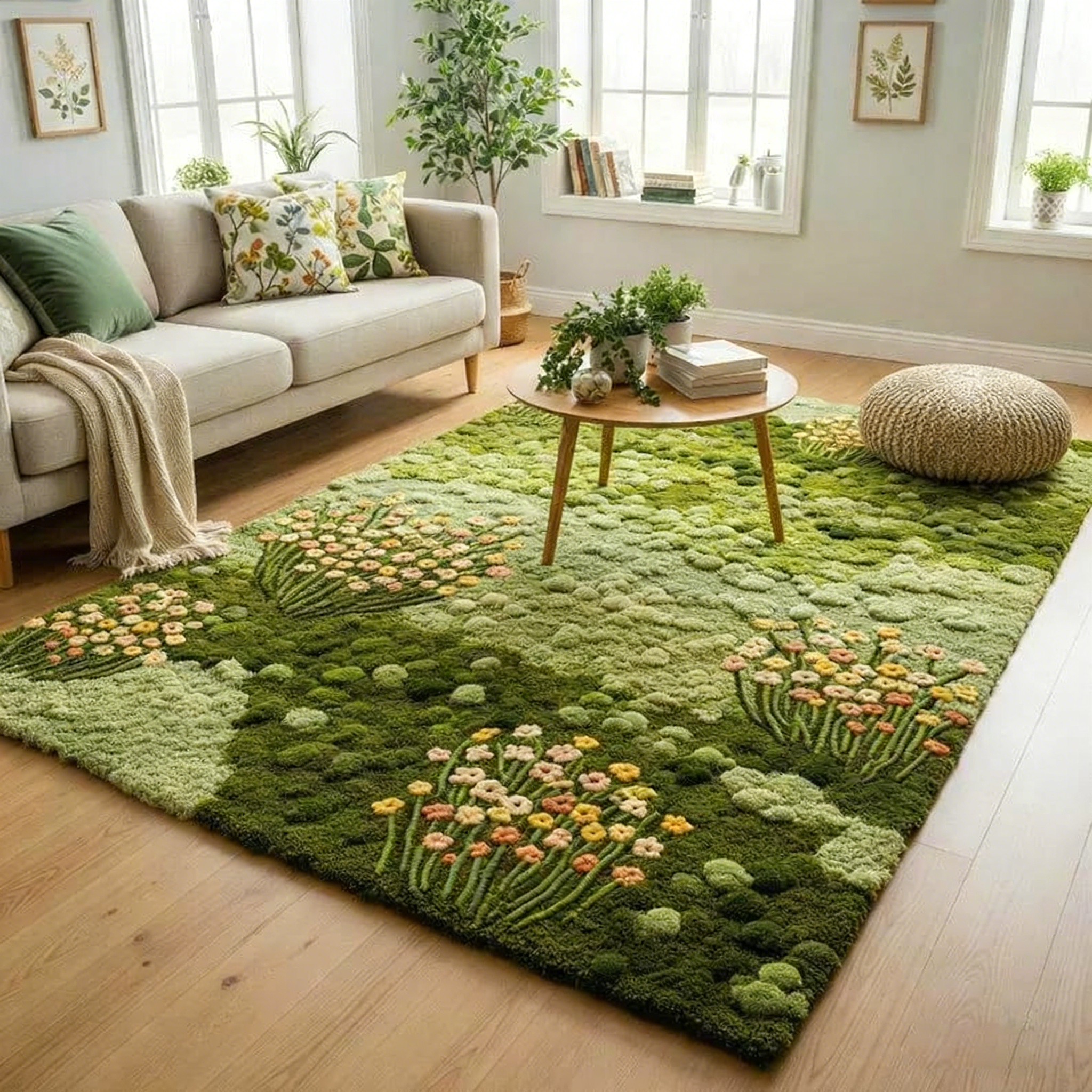 Tapis tufté vert mousse | Tapis tufté Botanical Breeze | Tapis artisanal Floral Haven | Tapis tufté Nature Touch | Tapis Verdant Meadow
