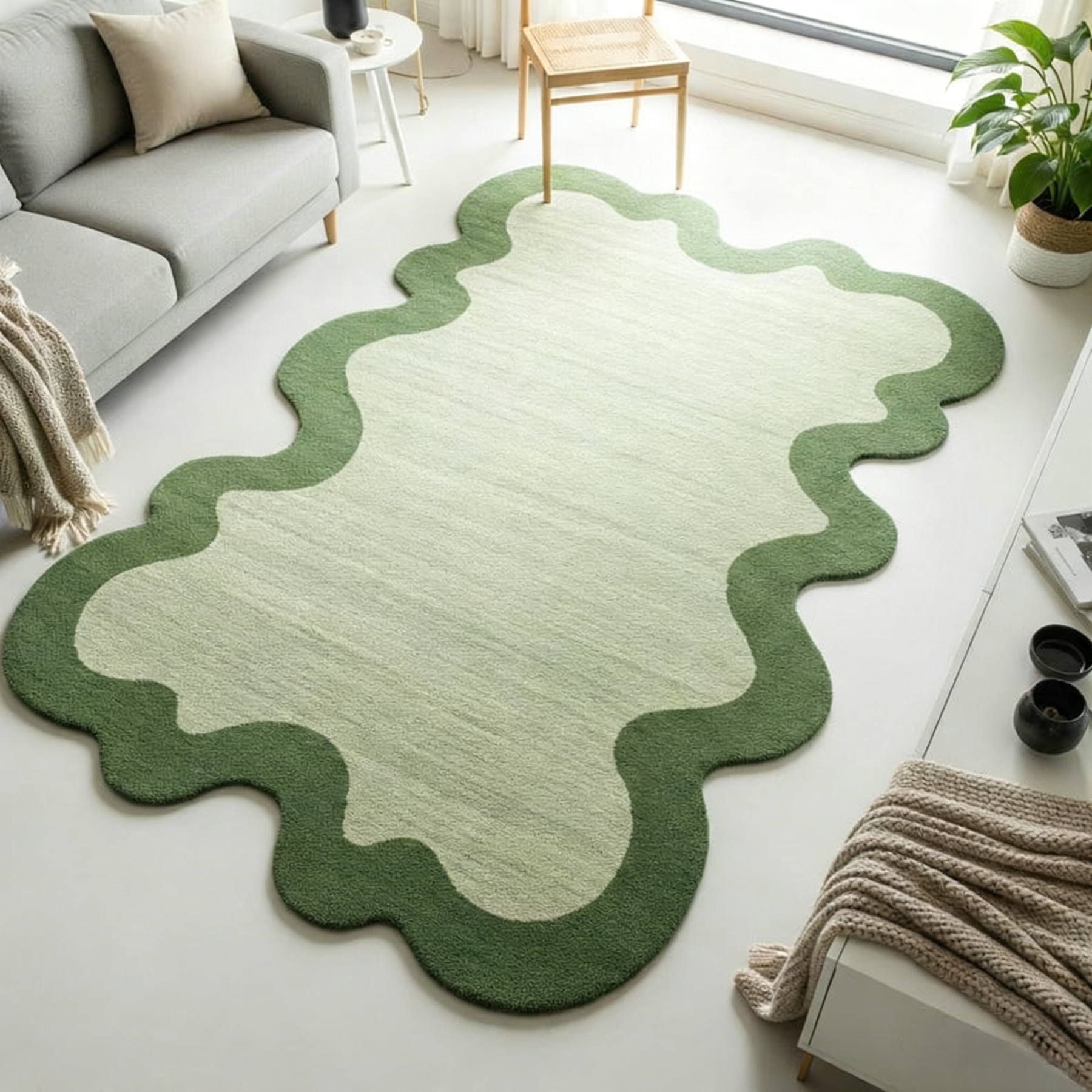 Tapis moderne en laine touffeté main à bordure ondulée verte pour chambre à coucher, tapis de salon touffeté unique 5 x 8 6 x 9, tapis personnalisé pour chambre d'enfant