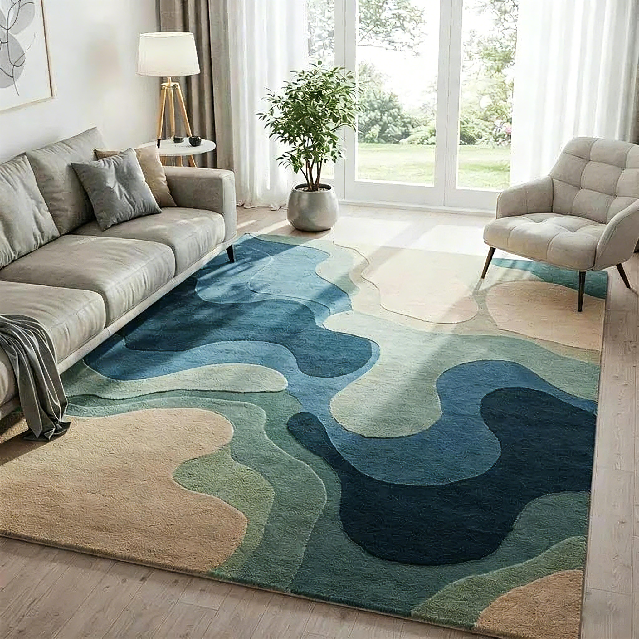 Tapis en laine touffeté main beige bleu sarcelle abstrait pour salon, tapis contemporain touffeté moderne 9 x 12 8 x 10 pour chambre à coucher, tapis de salle à manger personnalisés