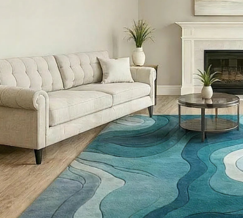 Tapis abstrait vagues : bleu sarcelle dégradé, décor côtier