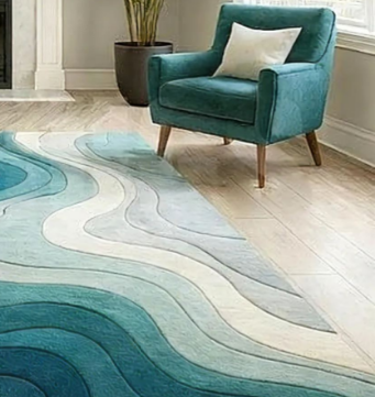 Tapis abstrait vagues : bleu sarcelle dégradé, décor côtier