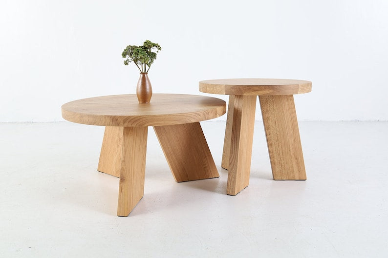 Tables basses rondes en chêne SK5 - Ensemble gigognes en bois massif ou simple - Design minimaliste fait main pour le salon