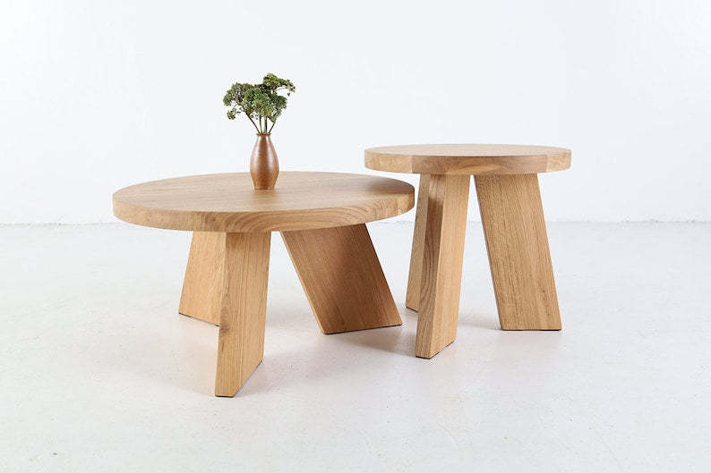 Tables basses rondes en chêne SK5 - Ensemble gigognes en bois massif ou simple - Design minimaliste fait main pour le salon