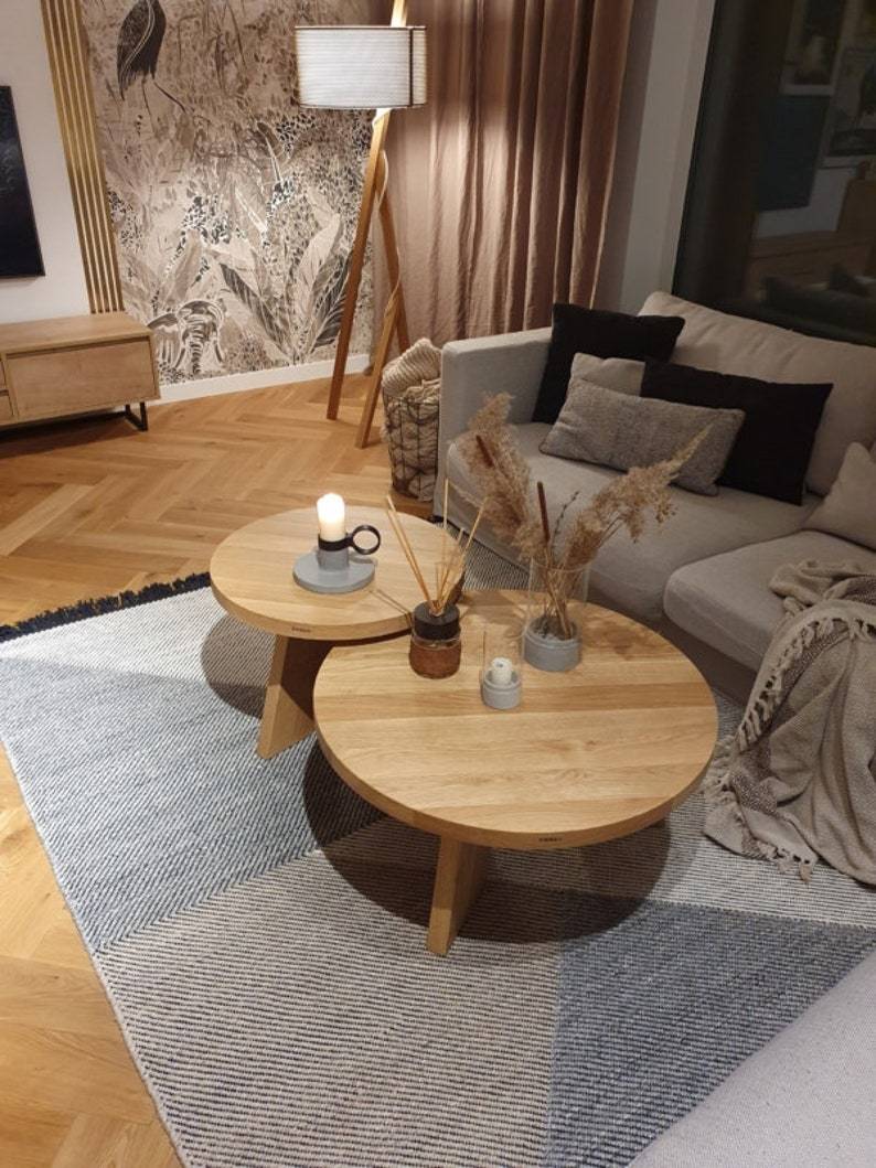 Tables basses rondes en chêne SK5 - Ensemble gigognes en bois massif ou simple - Design minimaliste fait main pour le salon