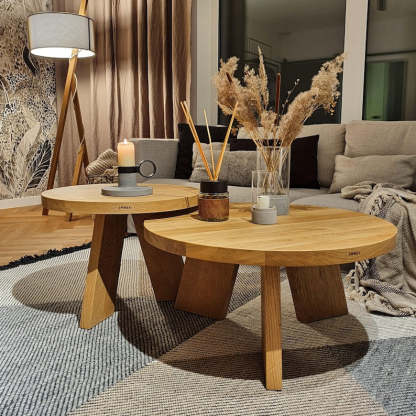 Tables basses rondes en chêne SK5 - Ensemble gigognes en bois massif ou simple - Design minimaliste fait main pour le salon