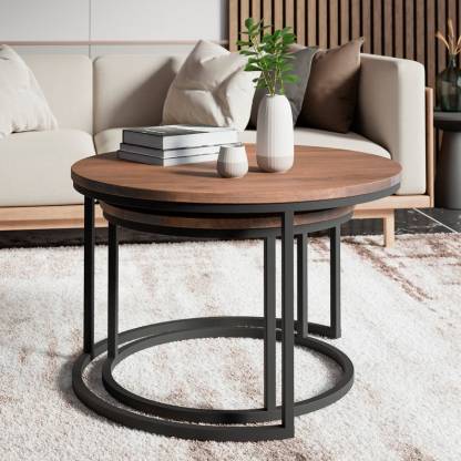 Table basse gigogne ronde, ensemble de tables basses rondes en bois, table basse en chêne foncé, table basse en chêne massif, table basse en chêne massif et métal