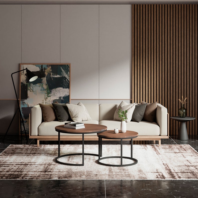 Table basse gigogne ronde, ensemble de tables basses rondes en bois, table basse en chêne foncé, table basse en chêne massif, table basse en chêne massif et métal