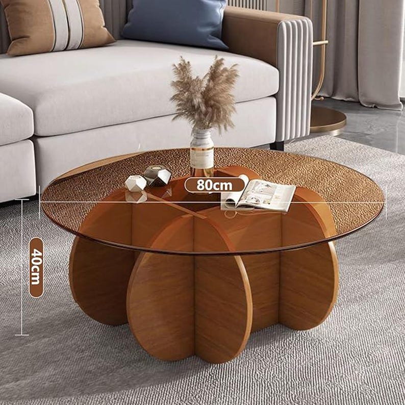 Table Basse Moderne Quadris en Verre Transparent avec Base en Bois Abstrait - Brun Cranberry Glass